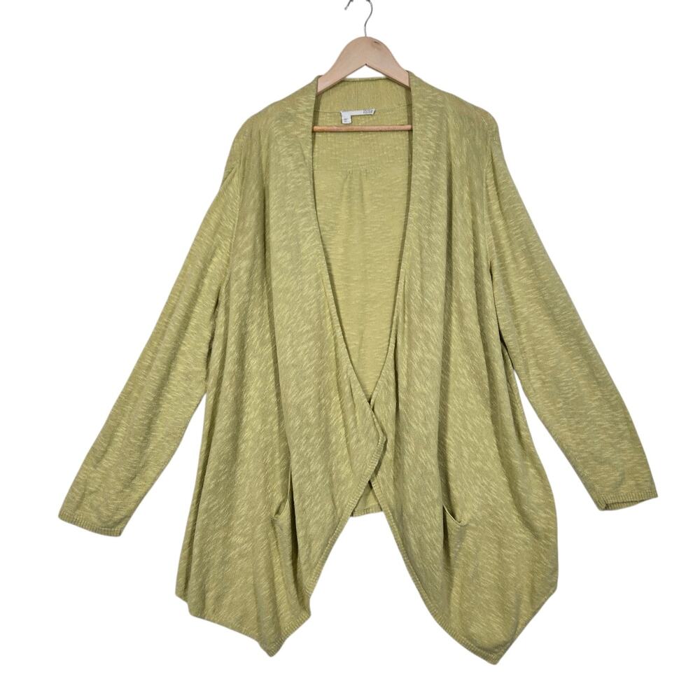 Eileen Fisher Linen Blend Cardigan 2X Yellow Green Slub Knit Open Front Pockets